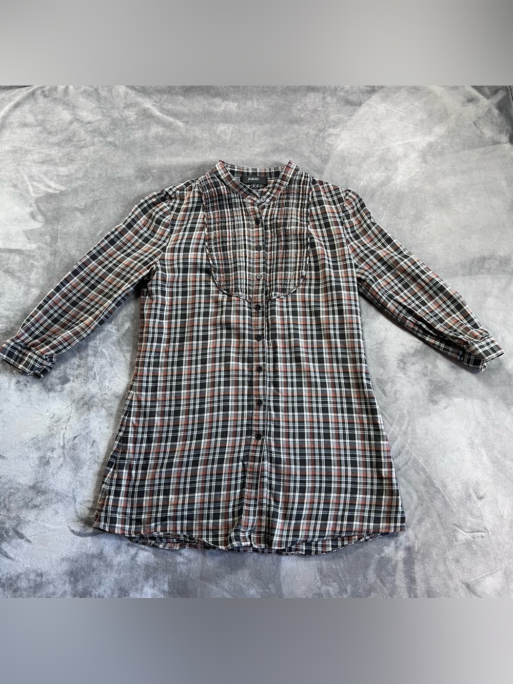 Plaid Button-Down Tunic Shirt - Brown/Black/White